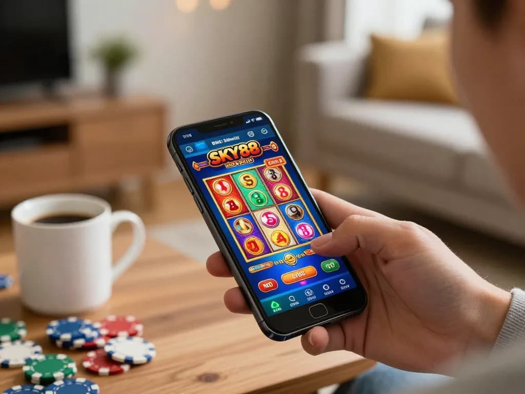 Play exciting SKY88 games on mobile app while relaxing at home with poker chips.