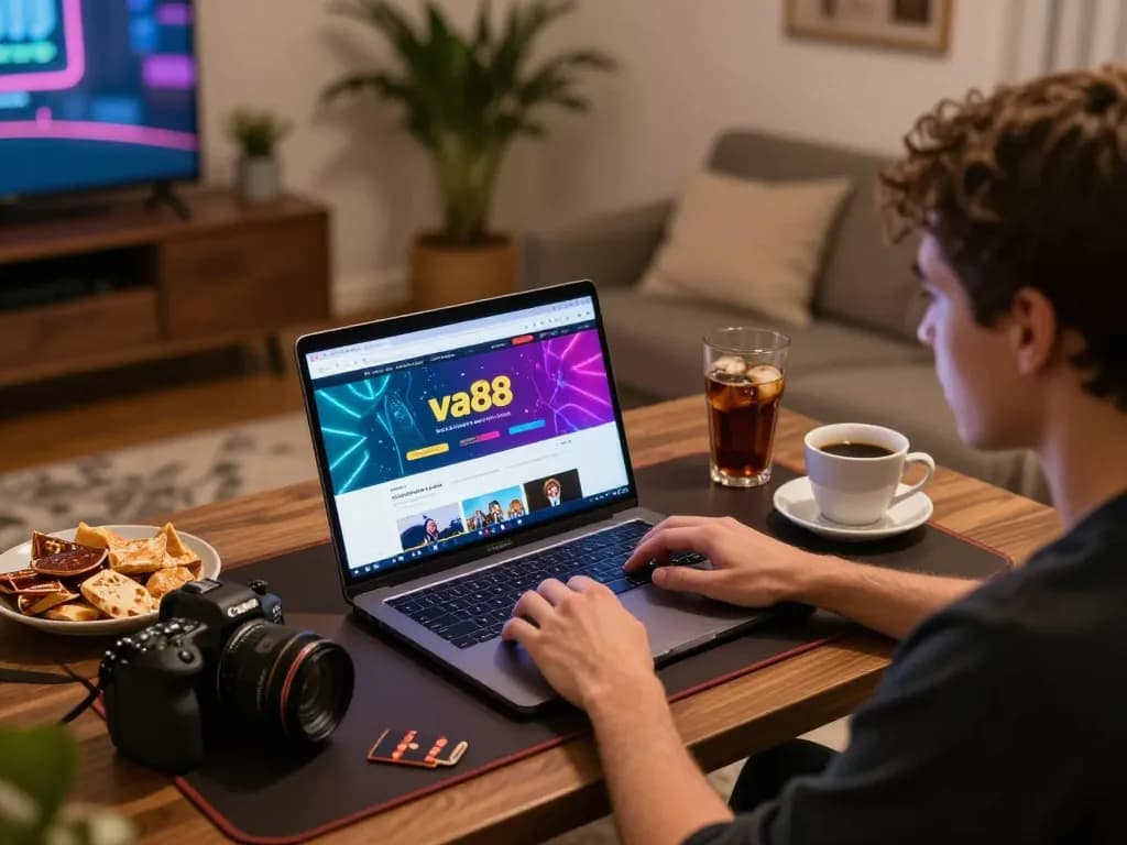 Engaging user plays on va88 online casino interface from a cozy home setup.