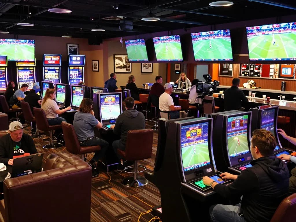 Engaged patrons enjoying Thể thao tx88 in a vibrant sports betting lounge, with live events displayed on screens