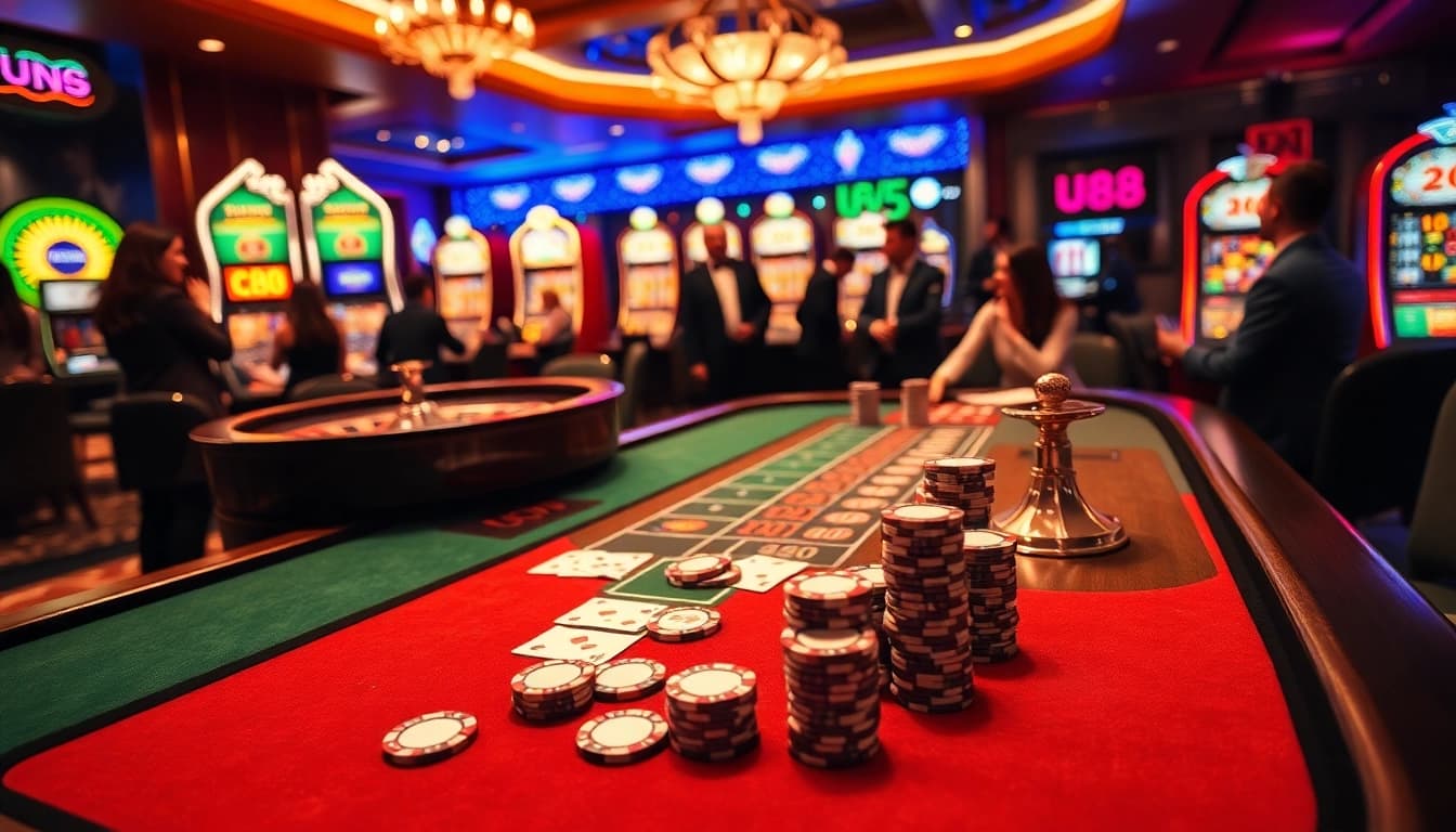 Players engaging in thrilling U88 casino action at a luxurious table, showcasing excitement and strategy.
