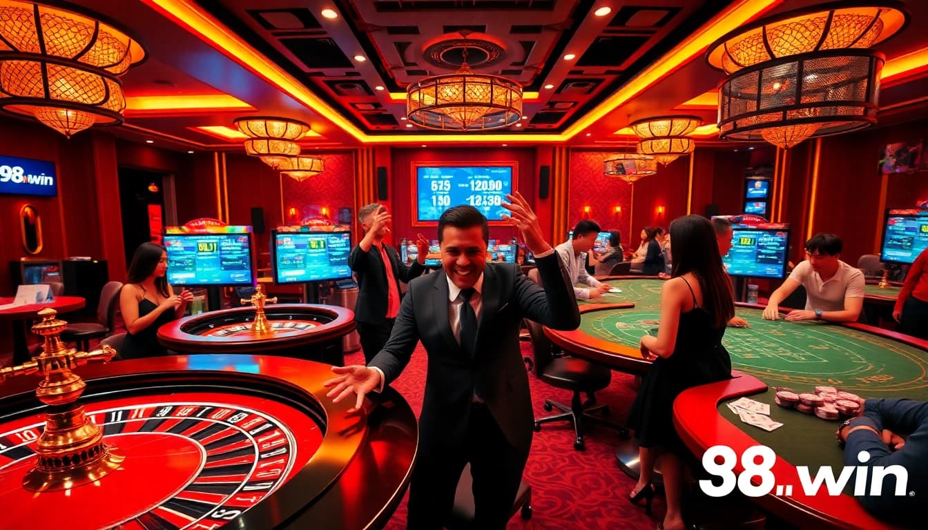 Online gaming atmosphere at 98win showcasing casino games, vibrant and exciting environment.