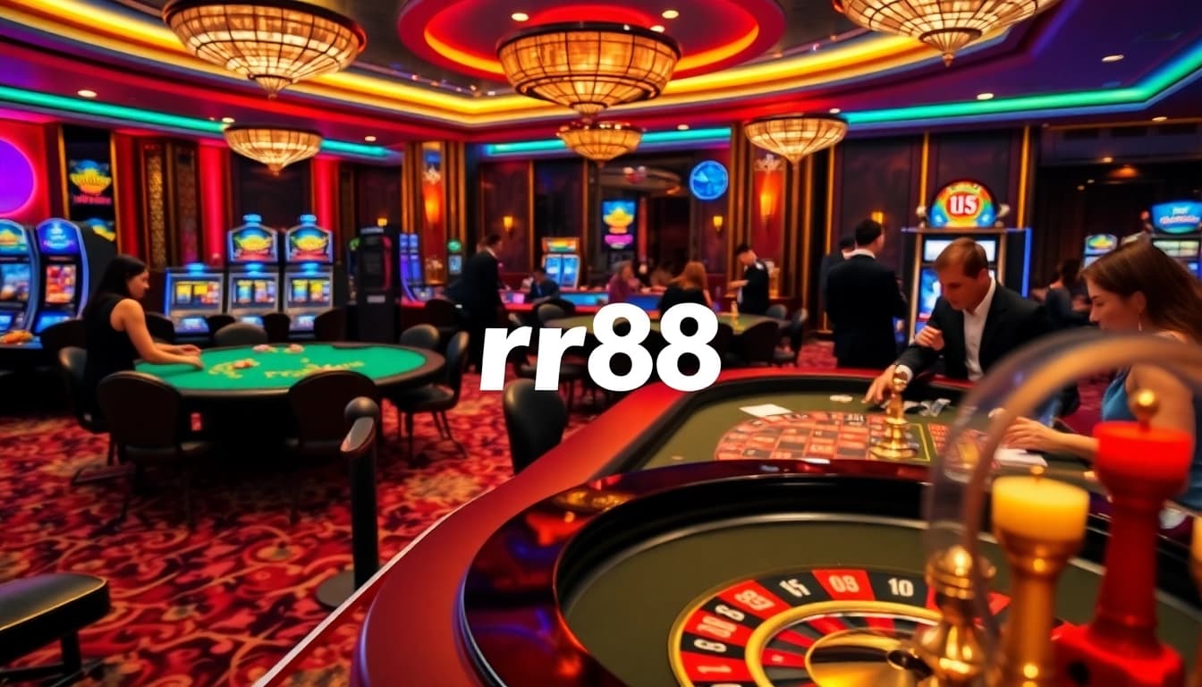 Engaging scene of players enjoying games at nhà cái rr88 casino, featuring vibrant tables and lively atmosphere.