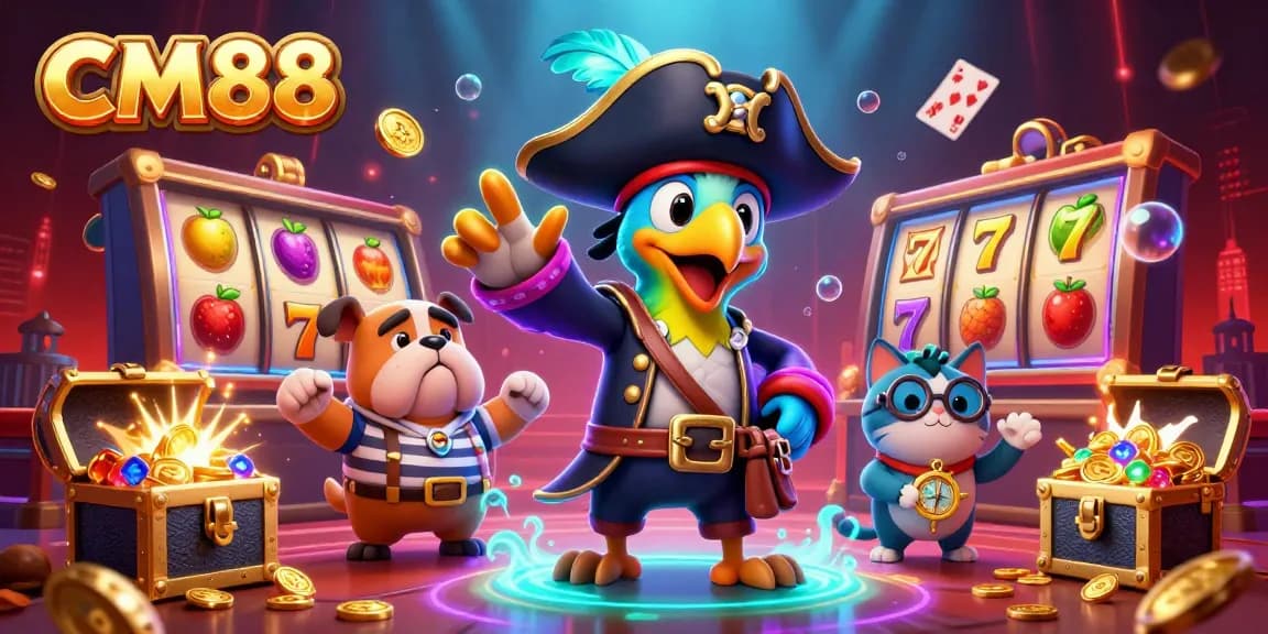 Experience winning strategies at CM88's lively casino, featuring vibrant slot machines and immersive characters.