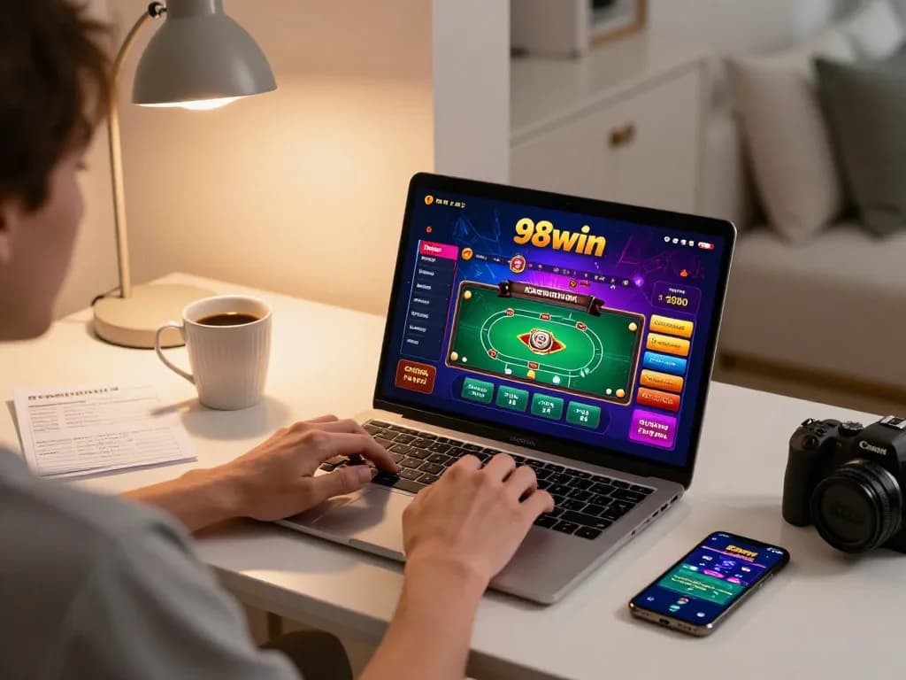 Engaging in the game 98win at home, player using laptop and smartphone for online casino gaming with strategic notes.