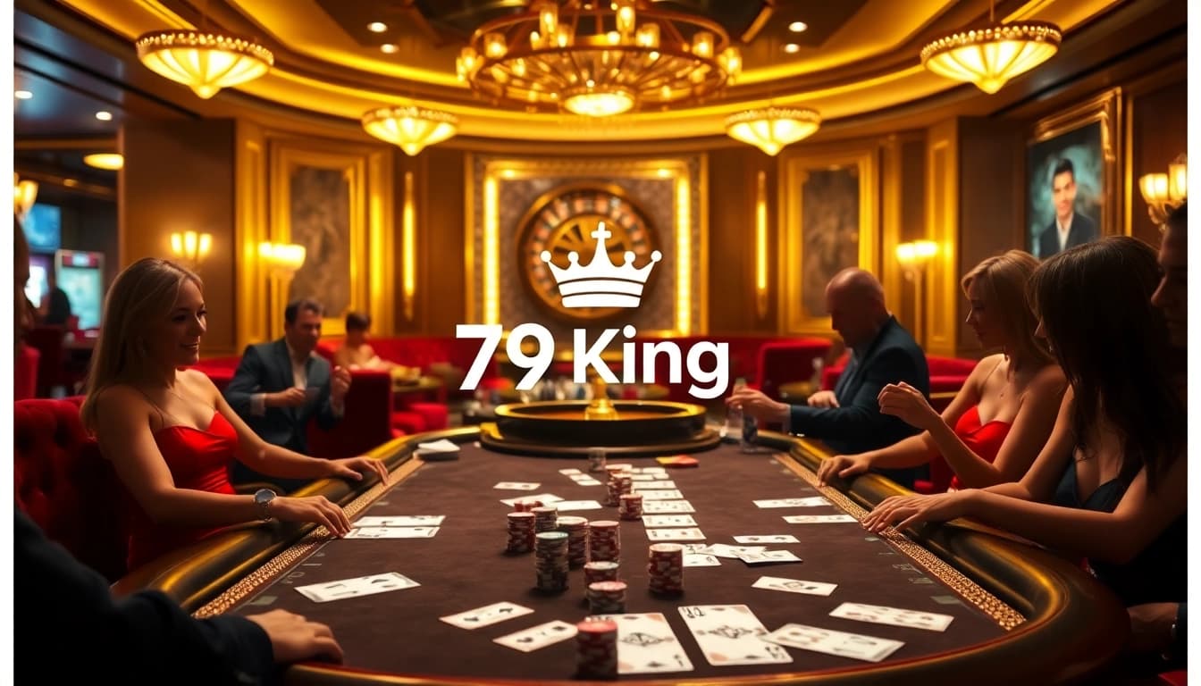 Players enjoying a thrilling game at 79king casino table with cards and chips visible.