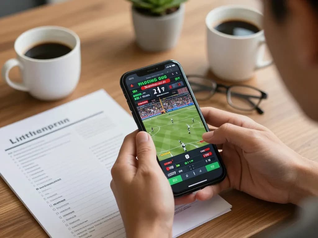 Player engaging in live betting on 98win9 platform with smartphone in cozy home atmosphere.