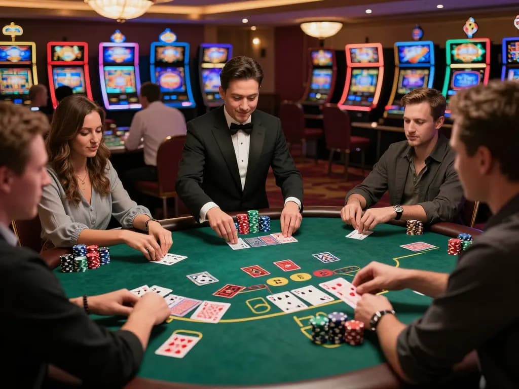 Players enjoying blackjack at yo88i casino, with a dealer and colorful chips evident.