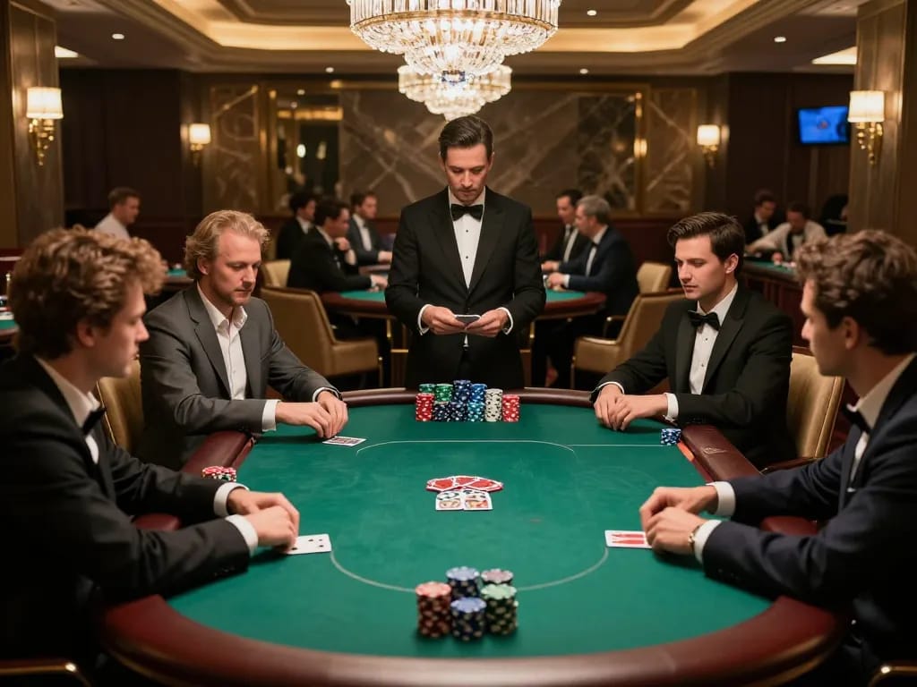 Engaged players around poker table at https://one88.br.com/ in a luxurious VIP lounge, showcasing high-stakes action.