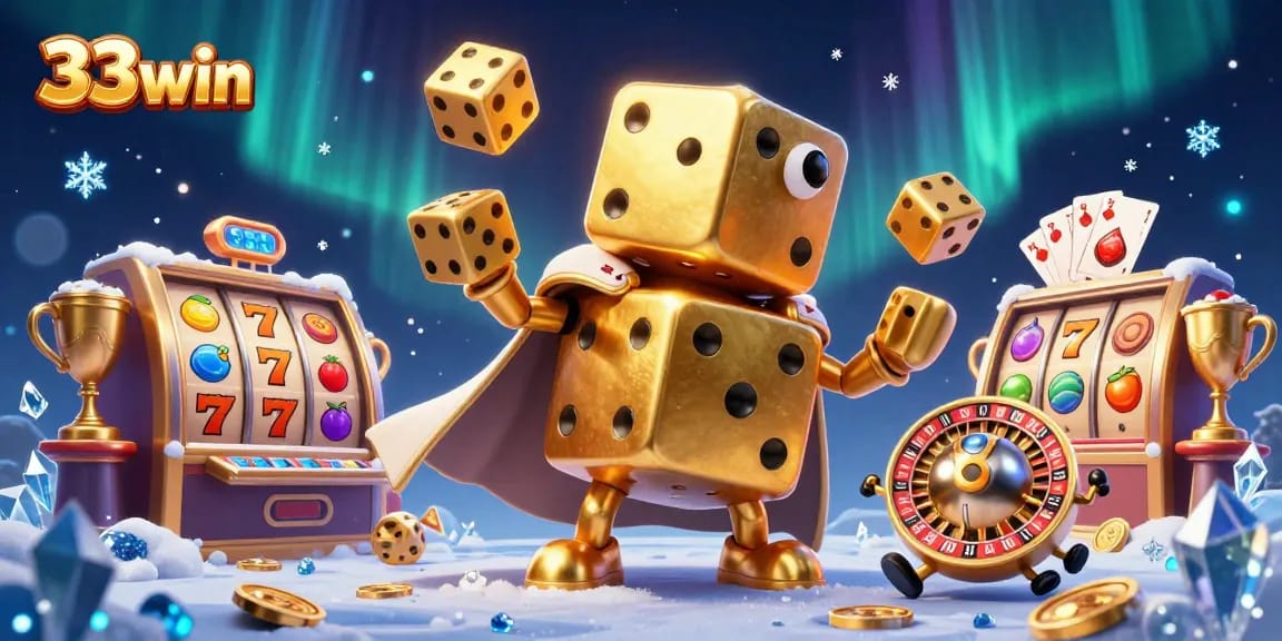 Engage with 33win's thrilling gaming experience featuring a golden dice golem and vibrant casino elements.