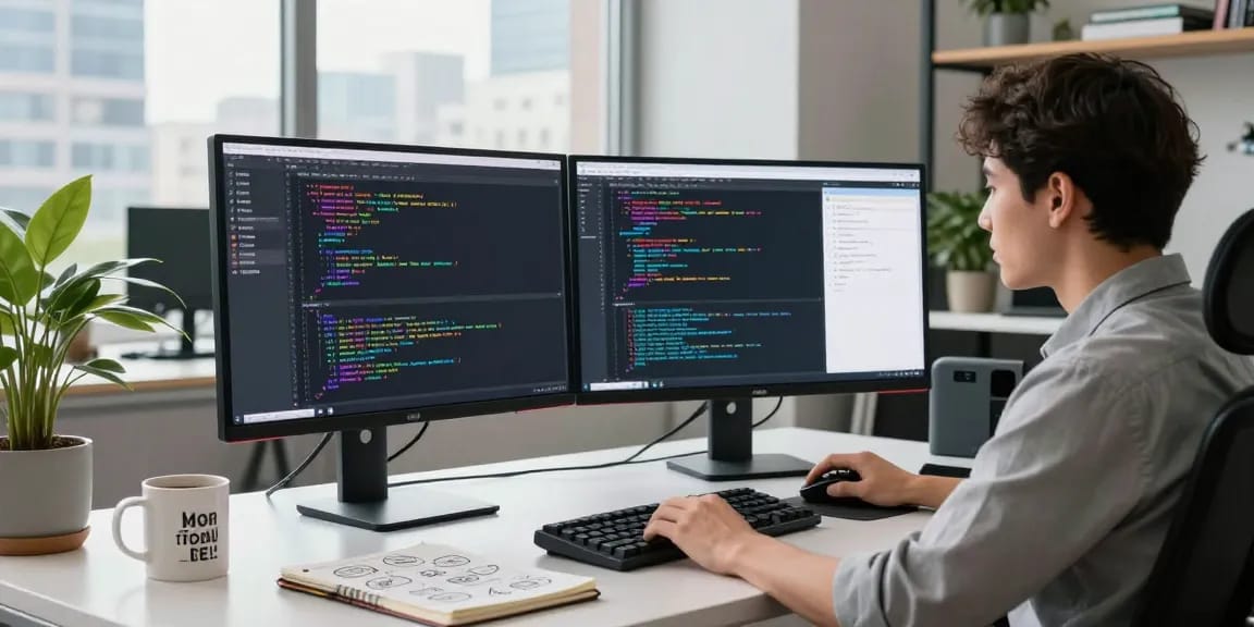 WPS Download in a modern tech workspace with a developer coding and vibrant monitors