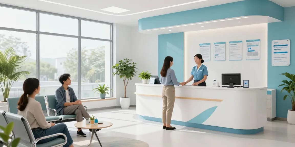 bl555 - Modern health clinic reception area, professional healthcare services, calming environment for patient care.