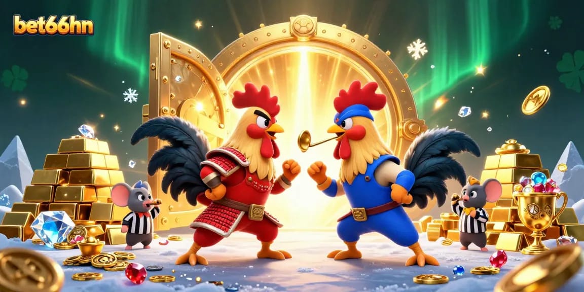 Watch as bet66hn's legendary roosters clash in a thrilling casino showdown, gold coins cascading everywhere.