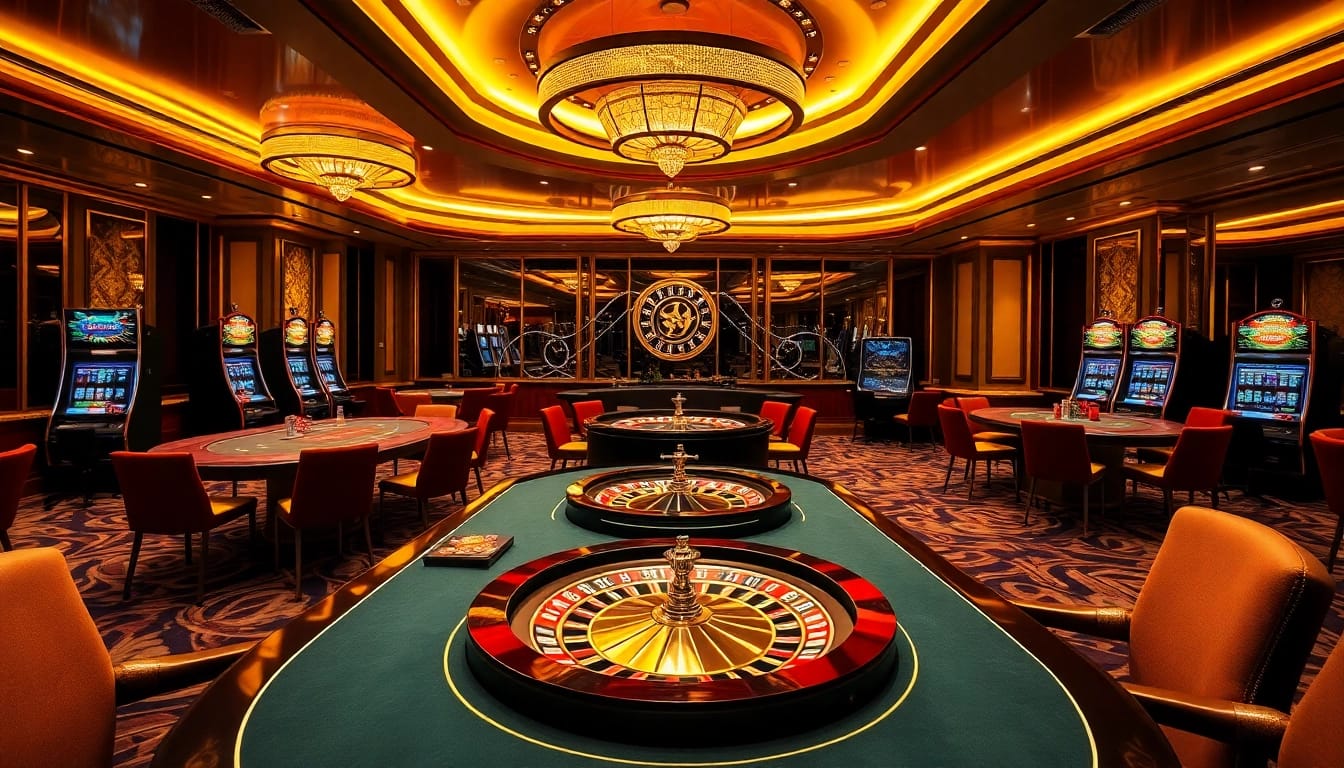 A vibrant casino interior at https://lode88.network/ showcasing poker tables and slot machines with an exciting atmosphere.