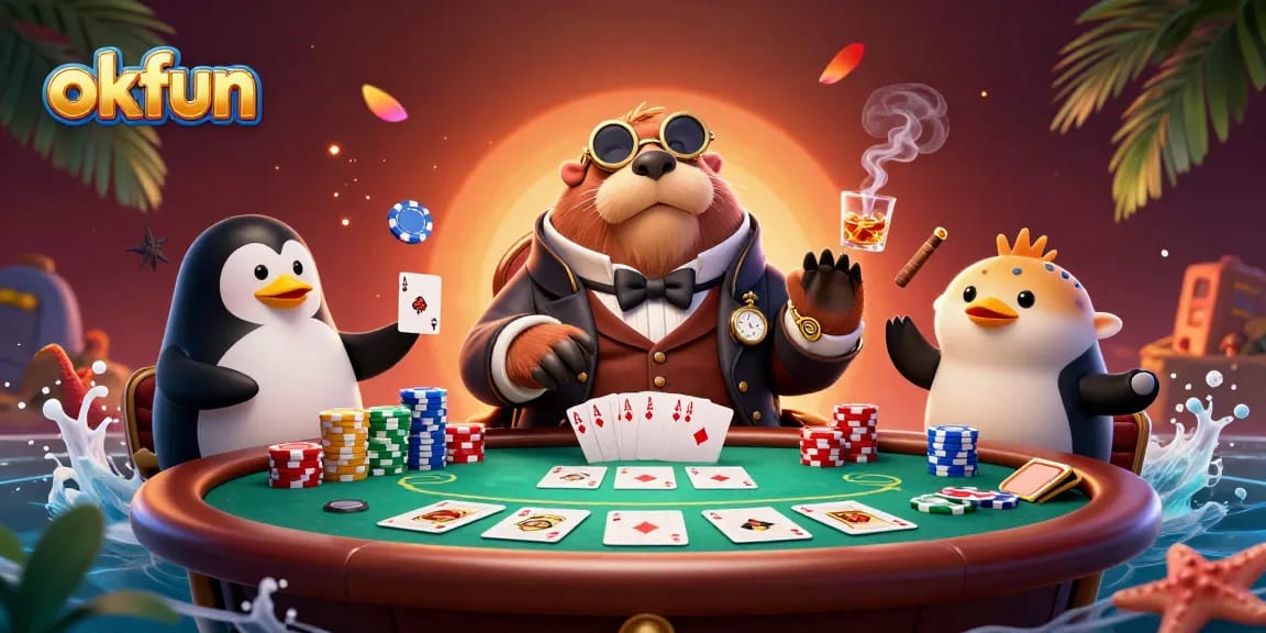 Experience the excitement of okfun casino with a lively poker game illustration featuring unique characters.