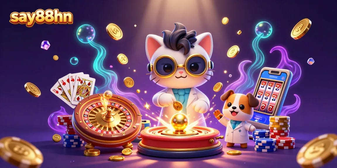 Engage with exciting games at say88hn, featuring a dynamic scene with slot machines and golden treasures.
