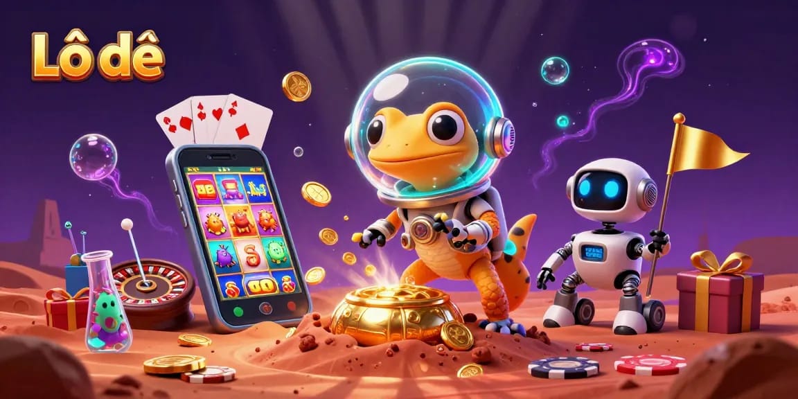 Lô đề game enthusiasts explore lottery strategies amidst a vibrant Martian casino scene with characters and gaming elements