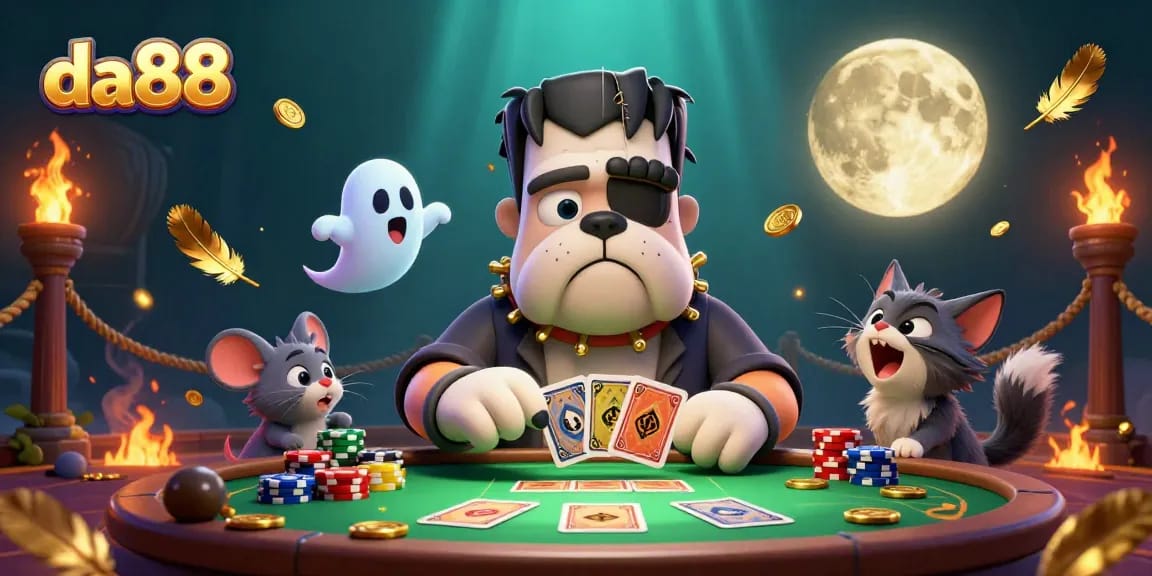 Experience thrilling gaming dynamics with da88, featuring a bulldog monster dealing cards and dynamic casino elements.
