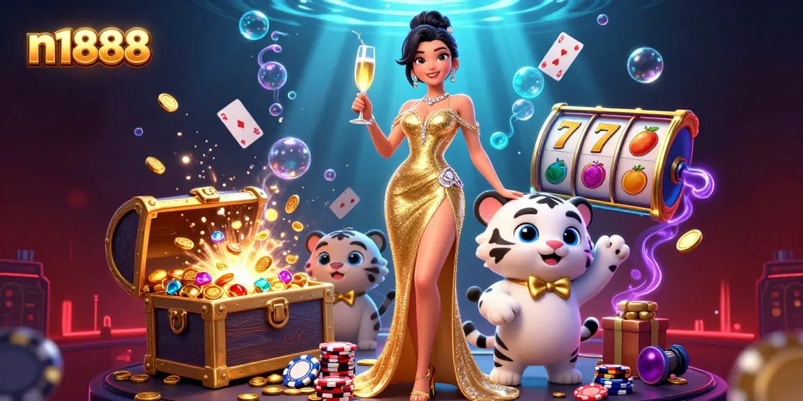 Experience n1888’s thrilling slots with a glamorous lady and lucky tiger in a dynamic casino scene.