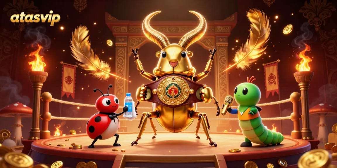 Engage with top-tier gaming at atasvip as a giant golden stag beetle battles in a casino-inspired scene.