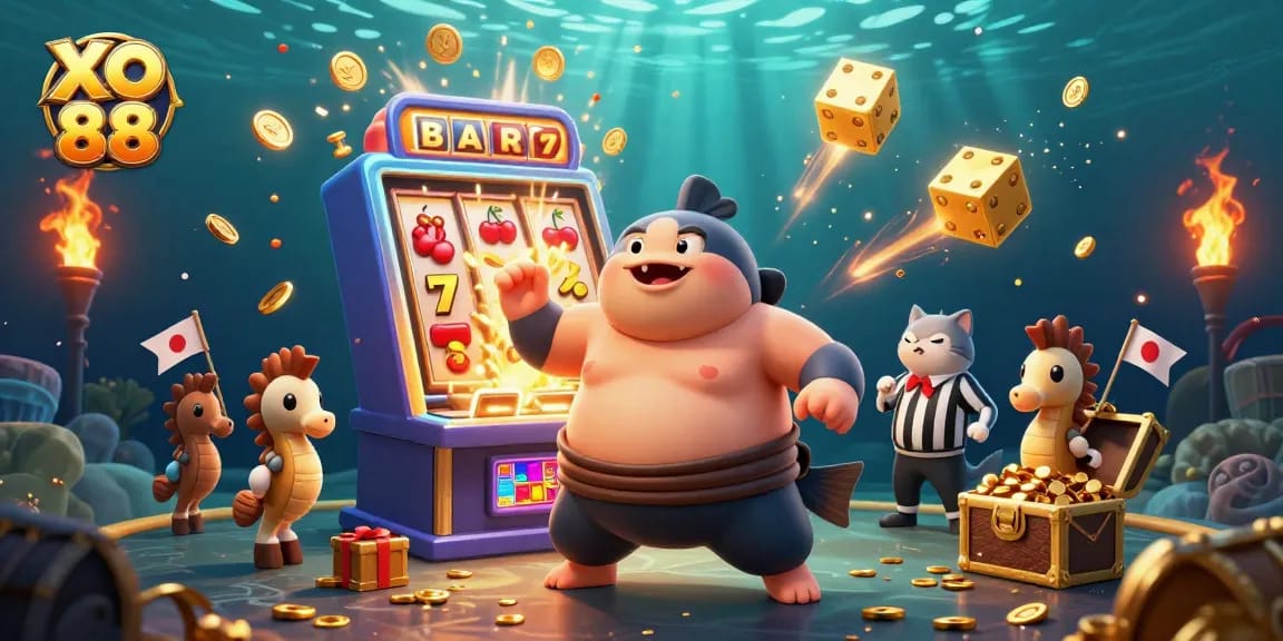 Experience the excitement of XO 88 with a blowfish, catfish referee, and slot machine jackpot