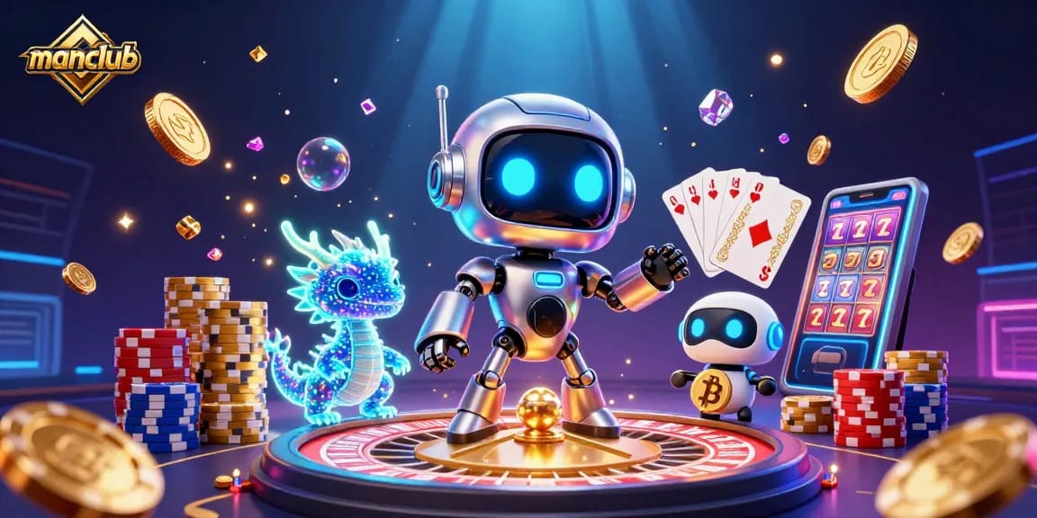 Experience thrilling gameplay at manclub as the futuristic robot and dragon capture the excitement of casino activities.