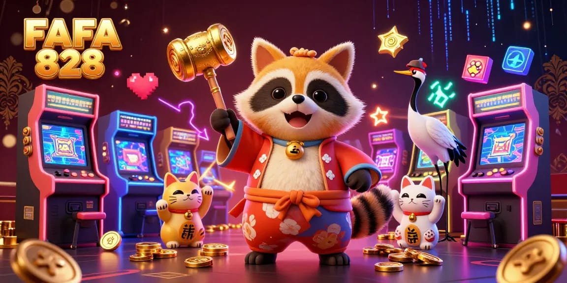 FAFA 828 brings luck with a cheerful tanuki and fortune cats in a vibrant casino scene.
