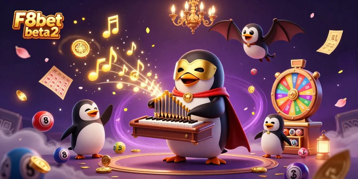 Experience F8bet beta2 with an engaging 3D illustration of vibrant gambling elements and animated casino characters.