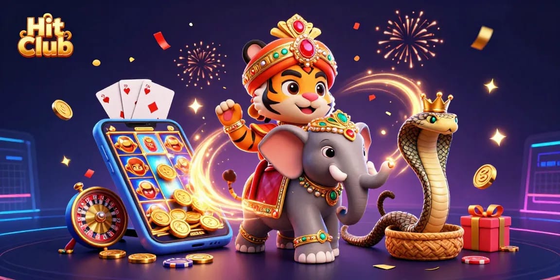 Hit Club showcases vibrant gameplay with a 3D elephant, tiger, and cobra in a dynamic casino scene.