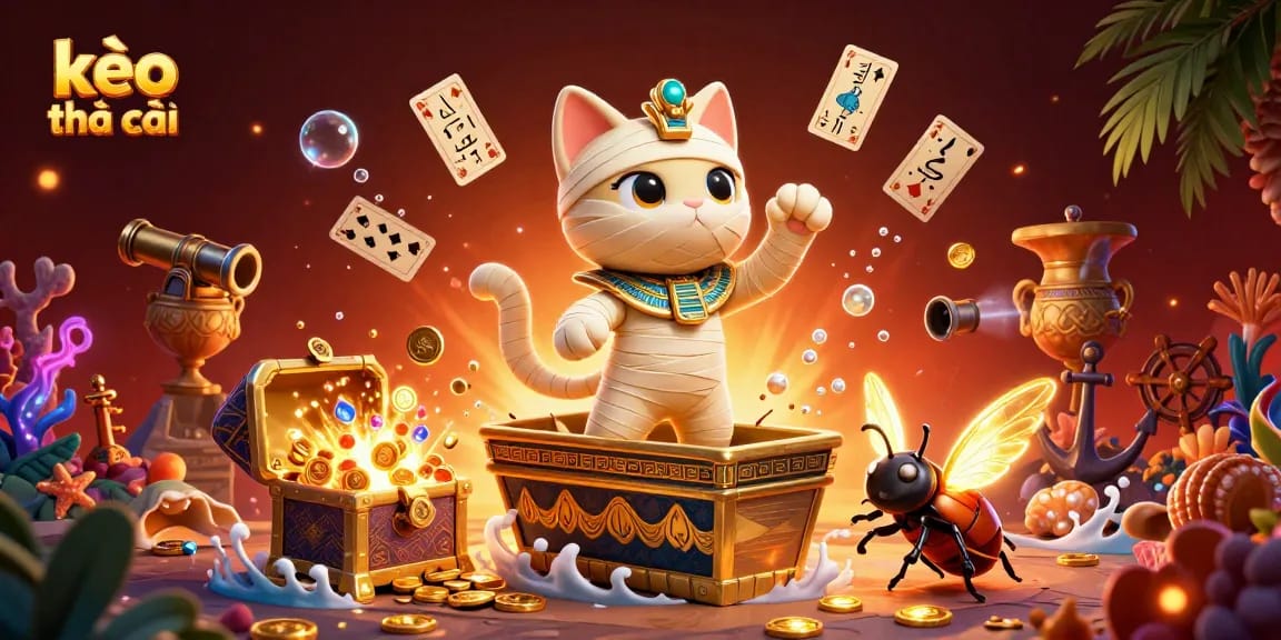 Engage with kèo nhà cái in a vibrant pyramid casino scene featuring a mummy cat and scarab beetle.