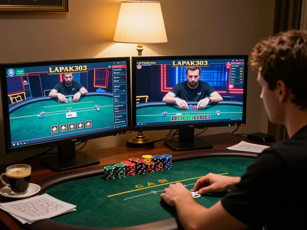 LAPAK303 online poker player focused on strategy and gameplay at a sophisticated home desk.