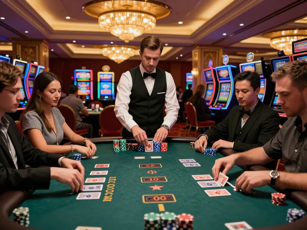 Engaging players at the Casino da88 blackjack table, showcasing vibrant action and dealer's skill.