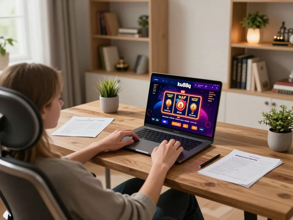 Engaging online gambling session on ku88q platform, showcasing vibrant game interface in home setting.