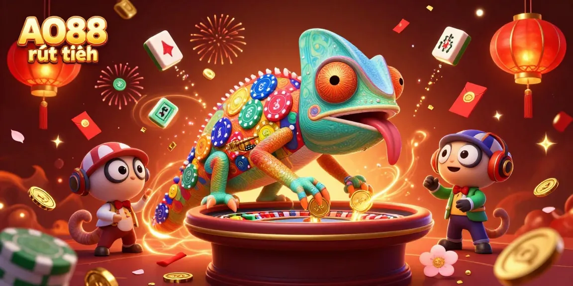 Experience AO88 rút tiền as the chameleon casino owner captures coins amidst a festive gaming atmosphere.