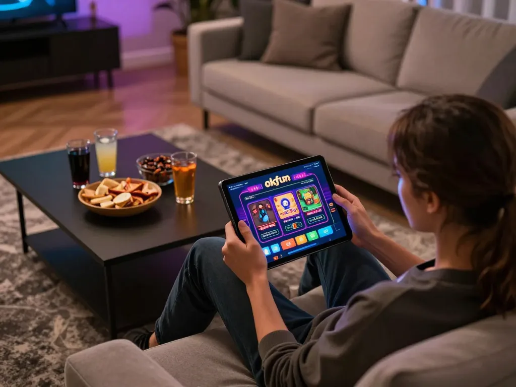 Engaging with the okfun online casino interface on a tablet at home for a dynamic gaming experience.