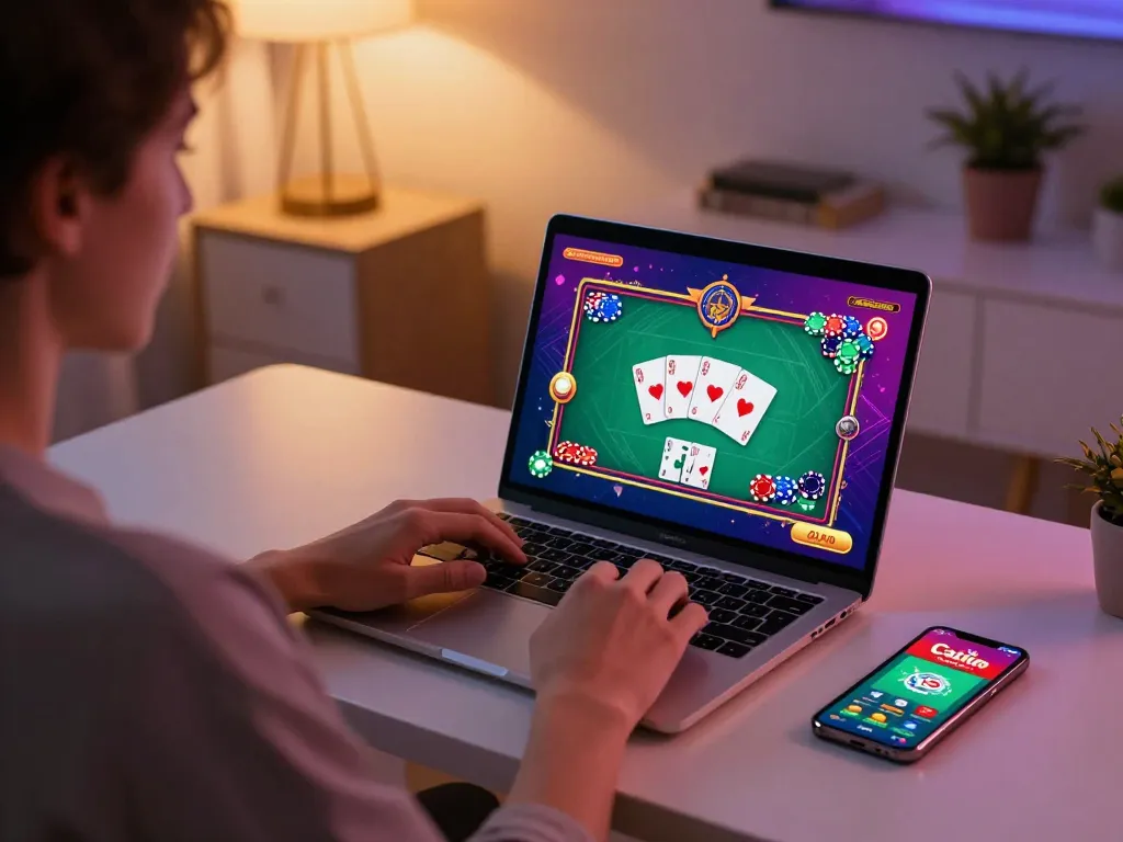 Casino vu88 player enjoying an online gaming session on a laptop with vibrant poker graphics
