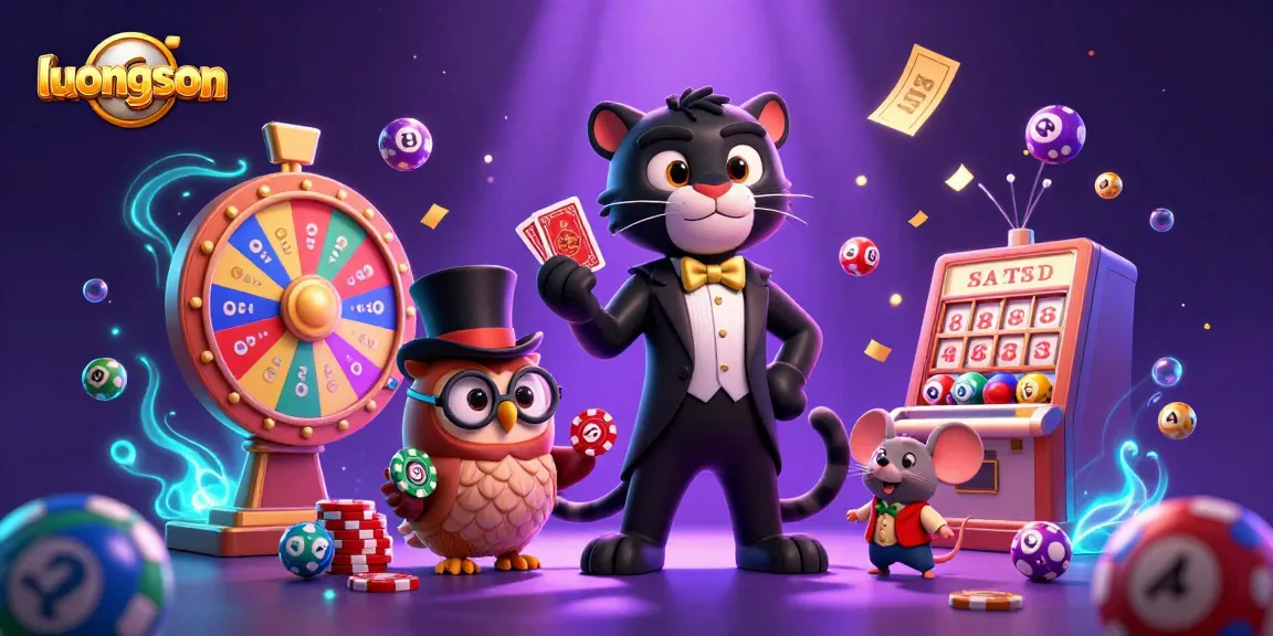 Experience thrilling moments with luongson featuring a stylish panther, owl, and lucky mouse in a vibrant casino scene.