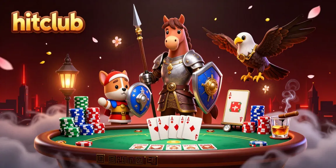 hitclub features a knight, puppy, and falcon in a dynamic casino poker scene.