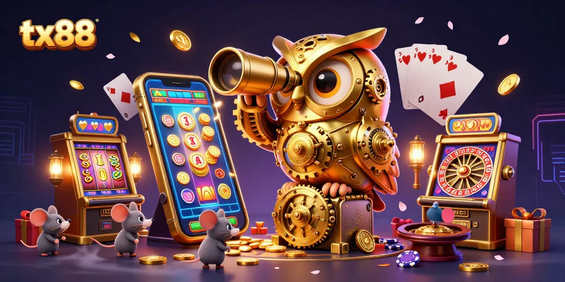 Experience excitement at tx88 with a whimsical golden owl monitoring a vibrant casino scene.