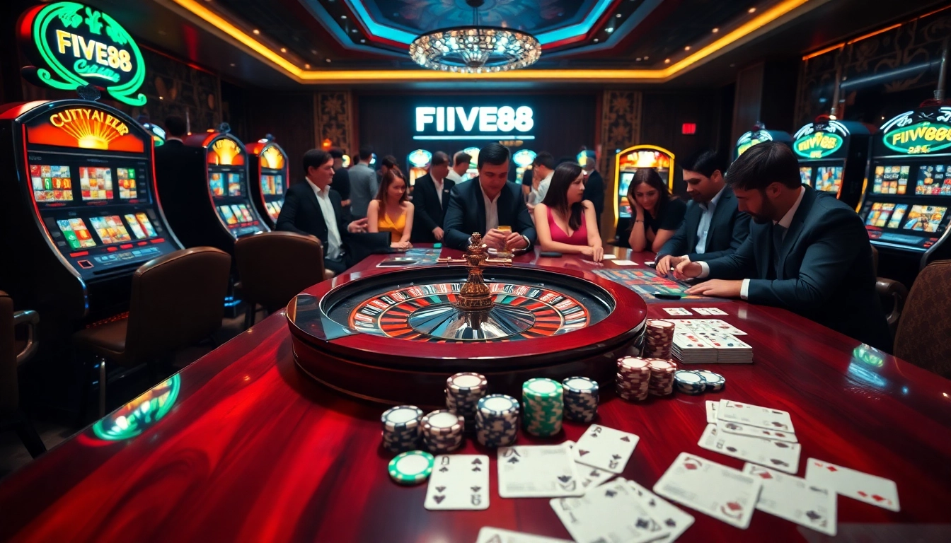 Enhance your gambling experience at FIVE88 with a vibrant casino scene featuring roulette and poker.