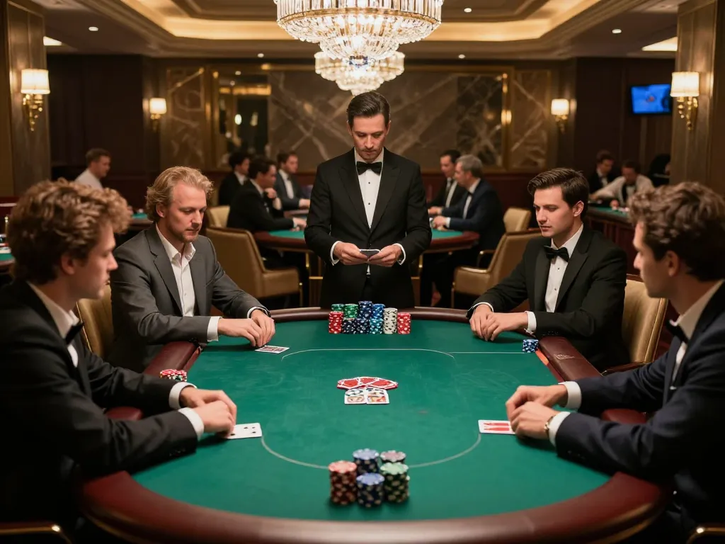 Engaged players around poker table at https://one88.br.com/ in a luxurious VIP lounge, showcasing high-stakes action.
