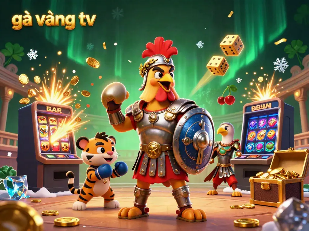 Bet on thrilling jackpots with gà vàng tv's vibrant 3D casino scene featuring slot machines and golden treasures.