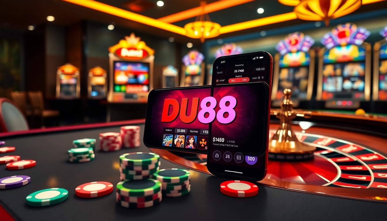 Experience the excitement of online gambling with DU88's vibrant casino atmosphere, featuring poker chips and roulette wheels.