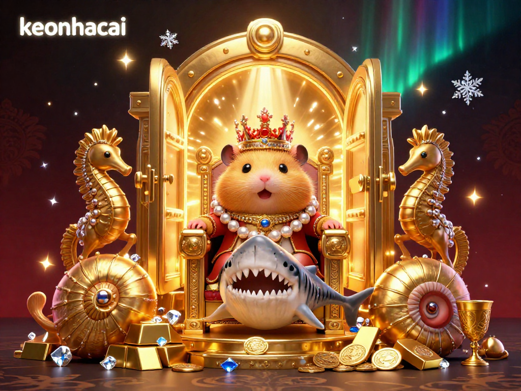 Enchanting scene featuring keonhacai's golden hamster king amidst treasures, exuding excitement in gambling.