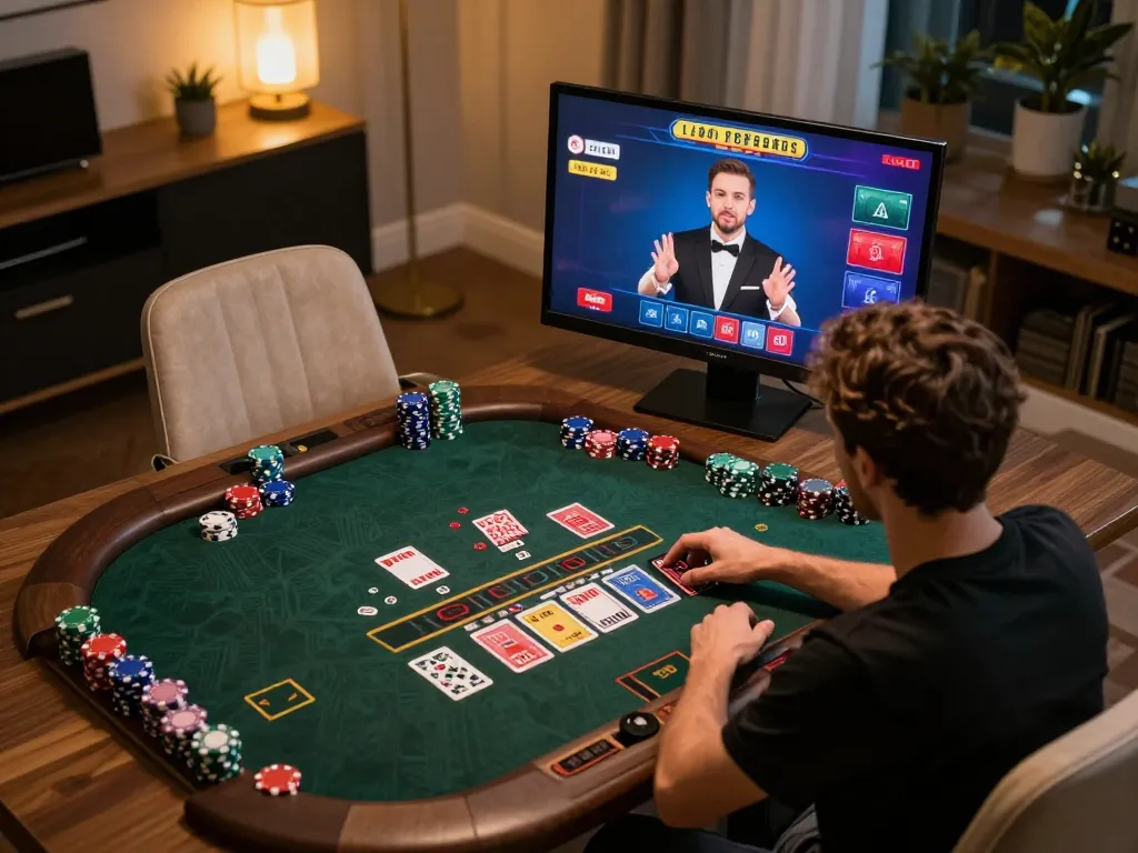 ta88 player enjoying a live dealer blackjack game on laptop in cozy home office setting