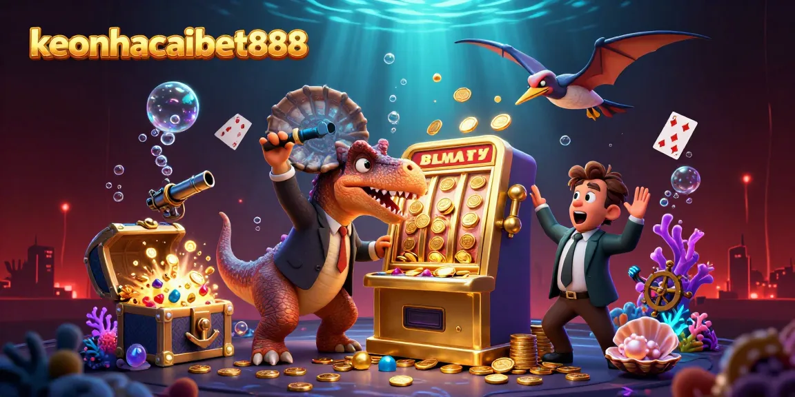 Watch keonhacaibet888 in an exciting scene of a dinosaur and slot machine, capturing jackpot coins!