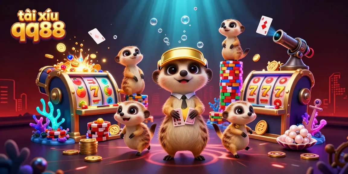 Engage in tài xỉu qq88 excitement with animated meerkats managing a vibrant casino atmosphere filled with treasures.