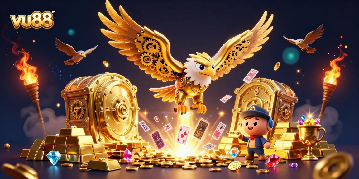 Experience exciting gameplay at vu88, where a golden eagle flies amidst a cascade of holographic cards and treasures.