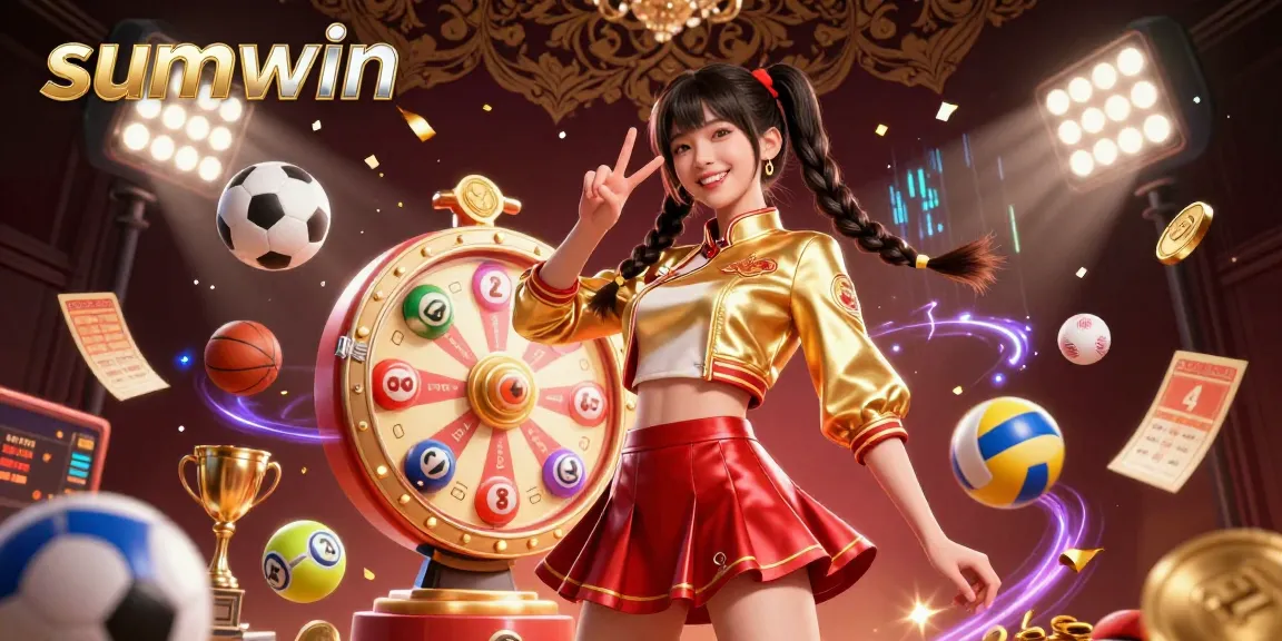 Engage with sumwin in this vibrant casino scene showcasing lottery excitement and festive gaming elements.