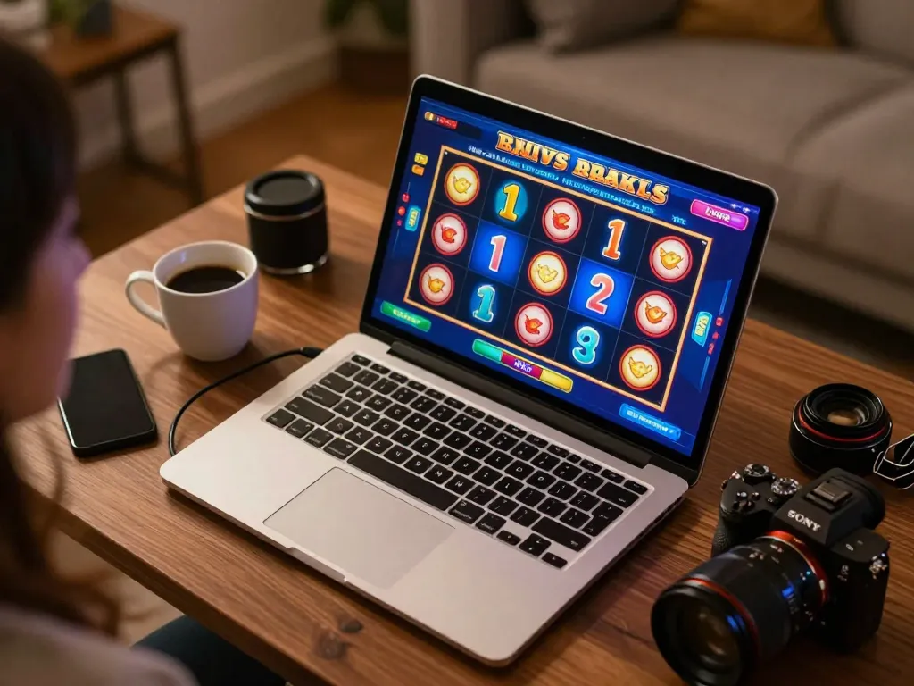 Engaging online gaming session at home with laptop displaying xo88ez slot interface.