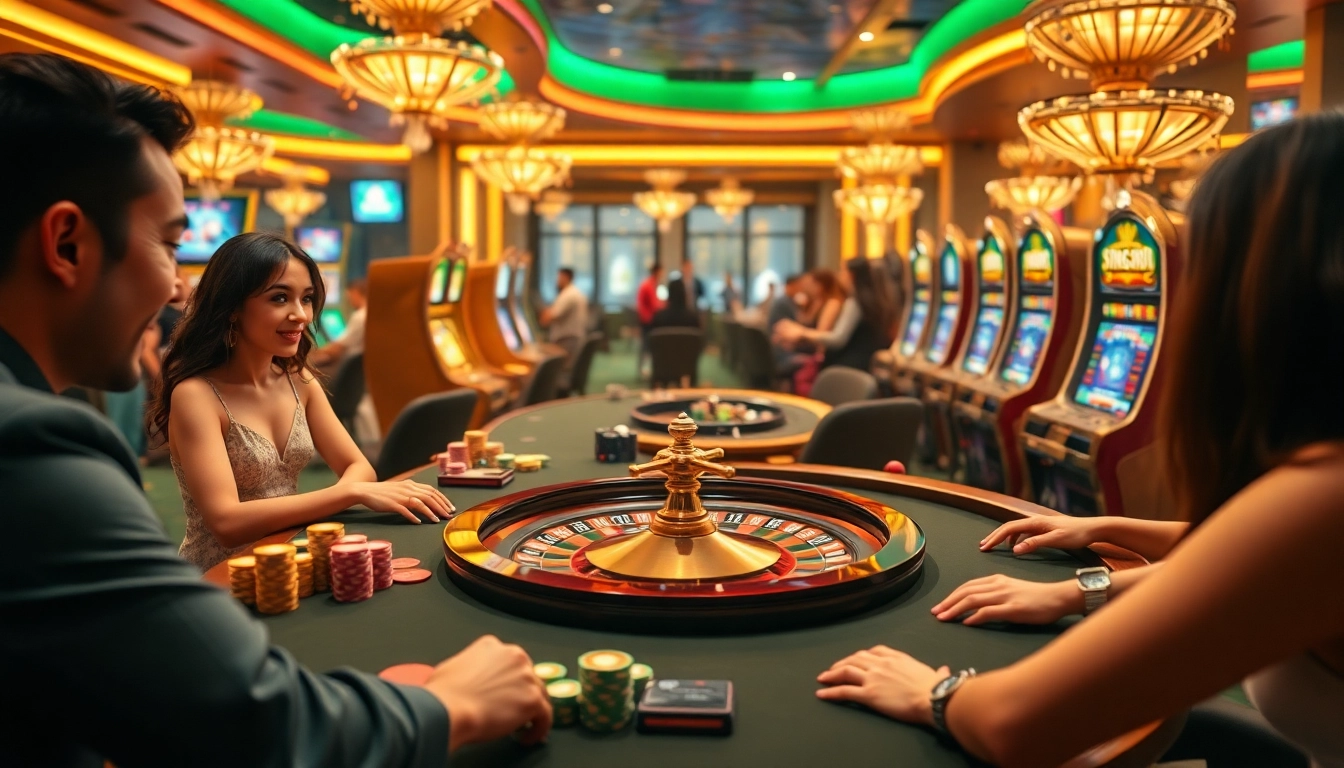 SIN88 betting table with vibrant chips and slot machines showcasing gambling excitement